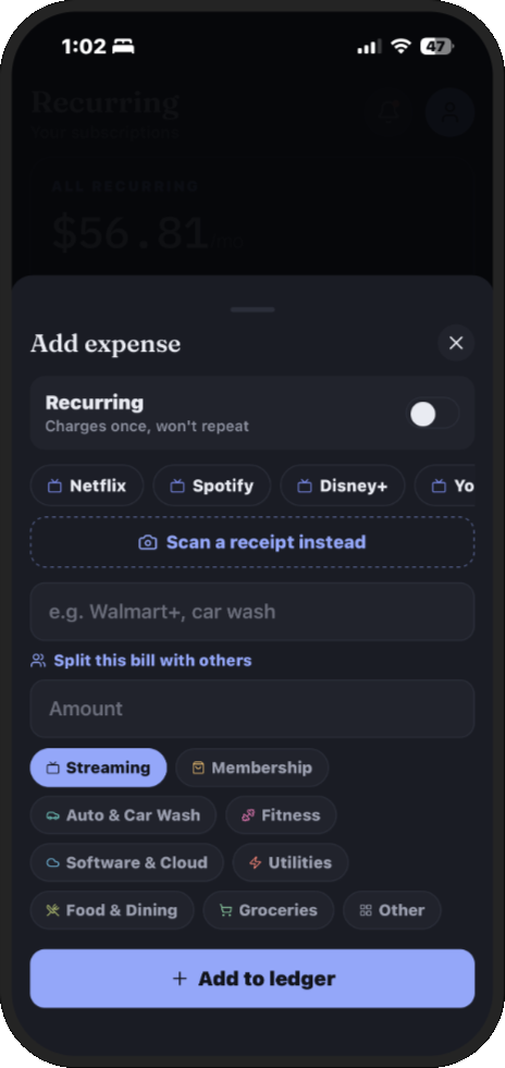 Add expense screen with receipt scan