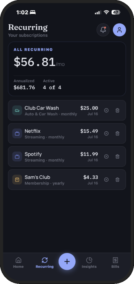 Recurring subscriptions screen